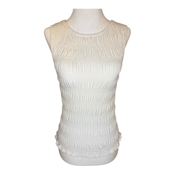 Madewell Smocked Boatneck Tank Top White XS Sleeveless Square Neck Ruffled Hem - Picture 2 of 8